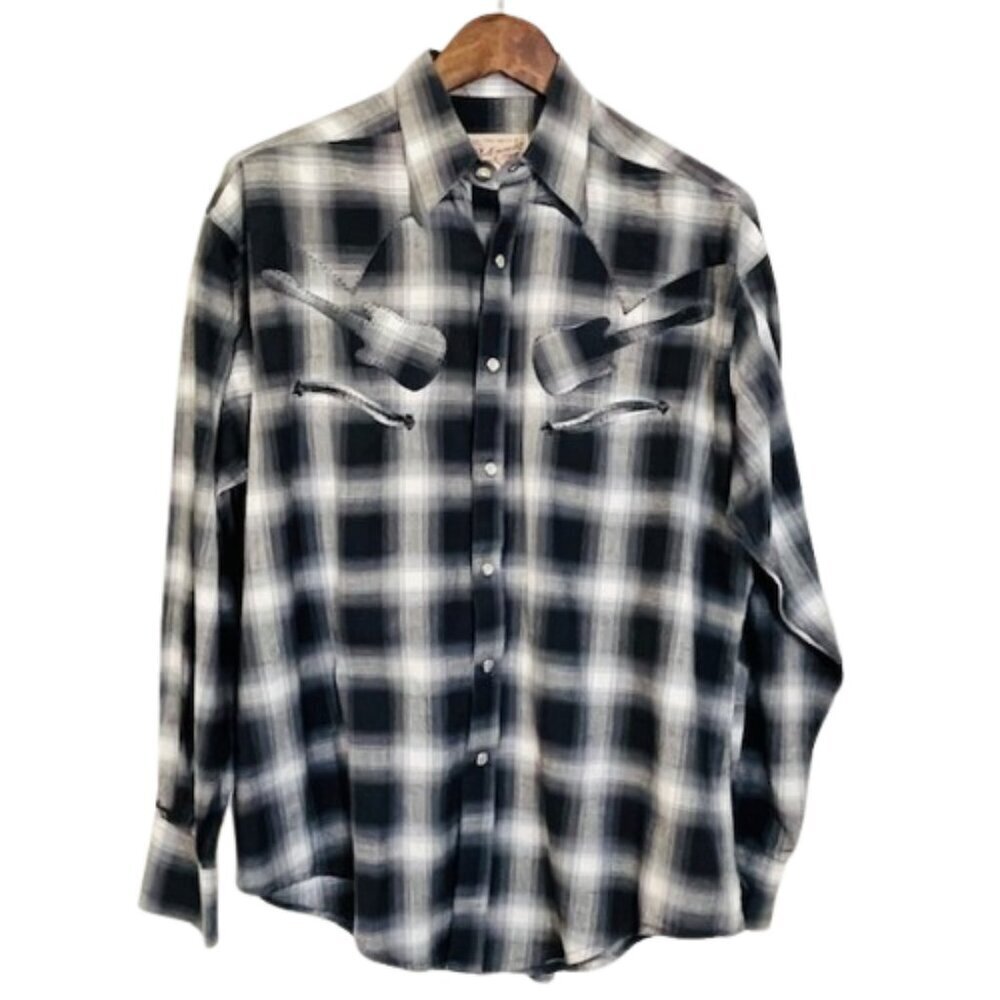Tru-West Rockmount Western Wear Plaid Guitar Rodeo Rockabilly Shirt Medium